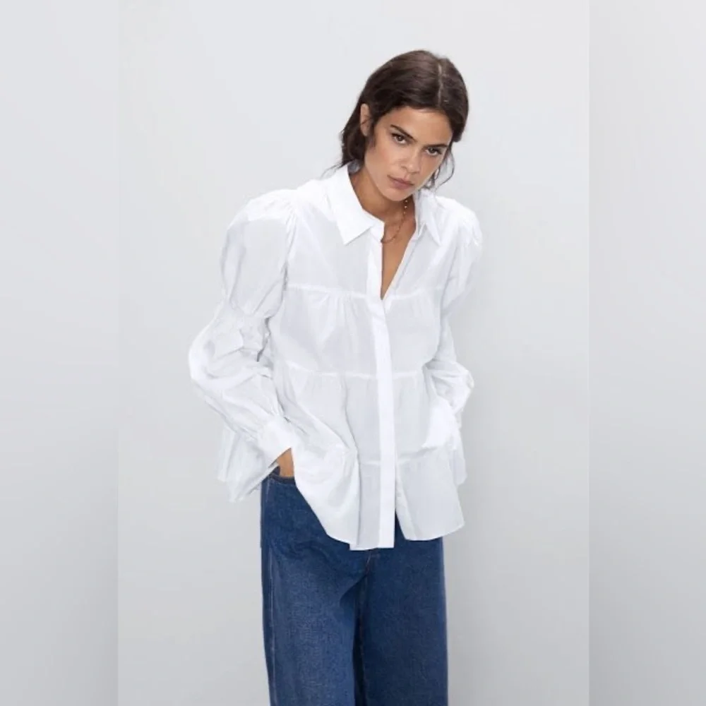 Zara White Tiered Puff Sleeve Blouse